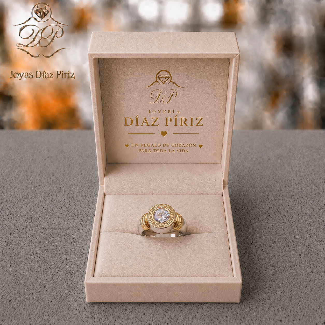 ANILLO PLATA Y ORO GUARDA GRIEGA Y CIRCONIA