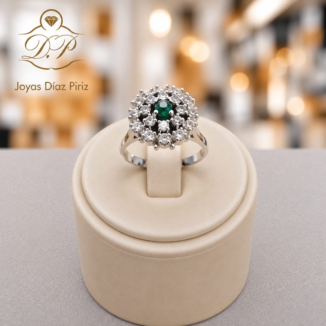Anillo Oro 18k gris con Brillante y Esmeralda
