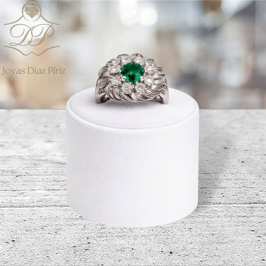 Anillo ORO 18K GRIS CON BRILLANTES Y ESMERALDAS