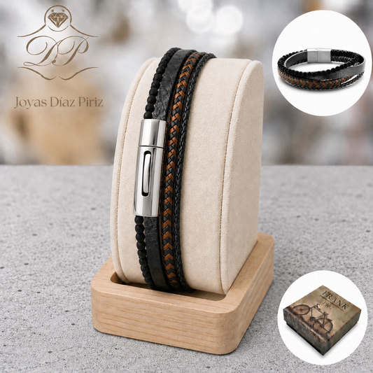 Pulsera cuero negro y cuentas