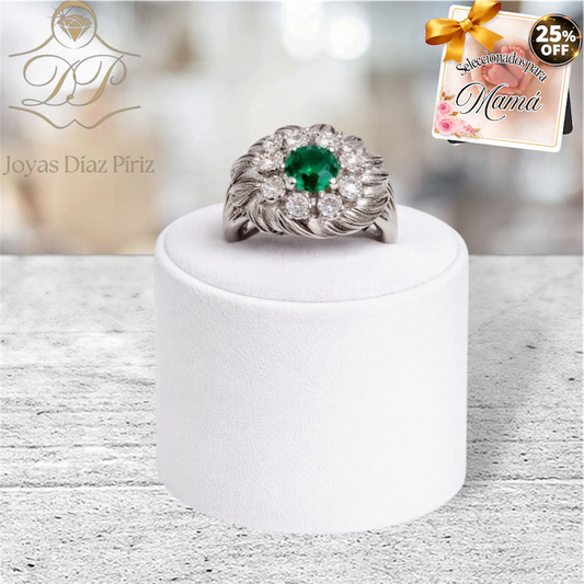 Anillo ORO 18K GRIS CON BRILLANTES Y ESMERALDAS