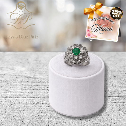 Anillo ORO 18K GRIS CON BRILLANTES Y ESMERALDAS