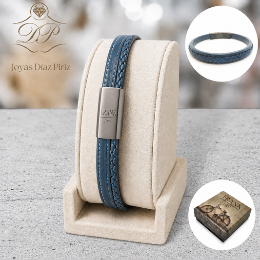 Pulsera cuero azul con trenza