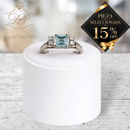 ANILLO 18KTS GRIS CON BRILLANTE Y AGUA MARINA