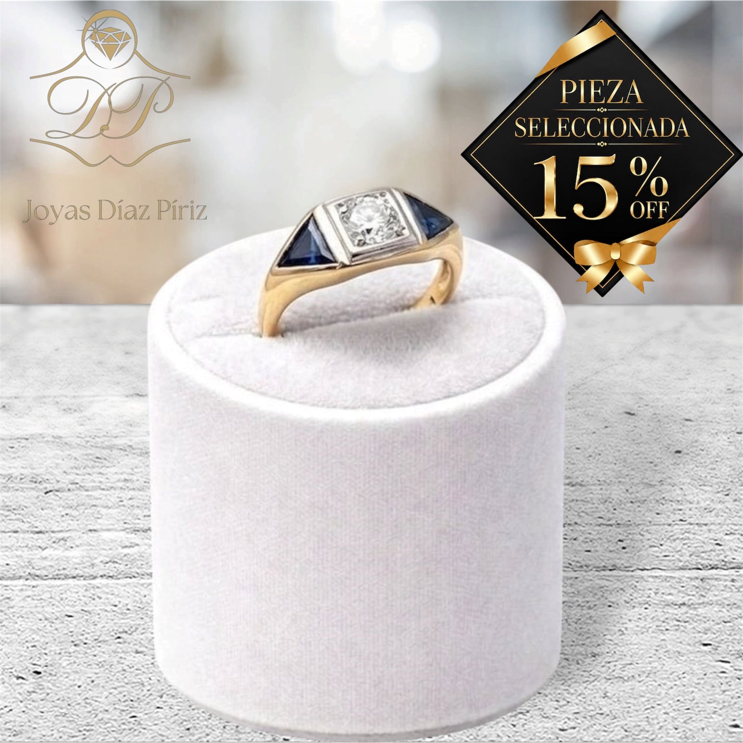 ANILLO ORO 10K CON ZAFIROS AZULES Y DIAMANTE