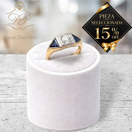 ANILLO ORO 10K CON ZAFIROS AZULES Y DIAMANTE