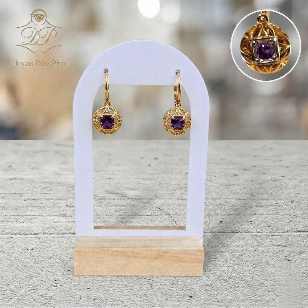 CARAVANAS ORO COLGANTE CON CIRCONIA VIOLETA