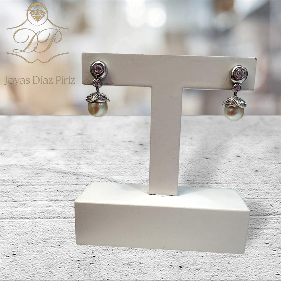 Caravanas oro gris con perla de cultivo