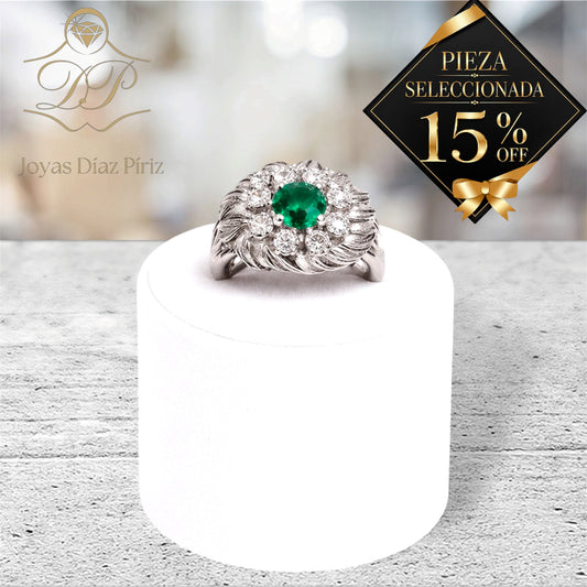 Anillo ORO 18K GRIS CON BRILLANTES Y ESMERALDAS