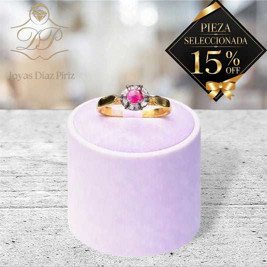 Anillo ORO 18 FLOR ORO GRIS Y CIRCONIA FUCCIA