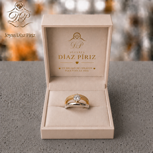 ANILLO PLATA Y ORO DOBLE CON CIRCONIA CENTRAL