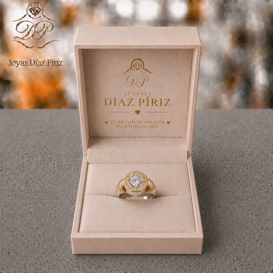 ANILLO PLATA Y ORO GUARDA GRIEGA Y CIRCONIA
