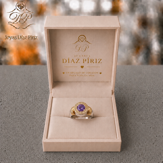 ANILLO PLATA Y ORO GUARDA GRIEGA Y CIRCONIA