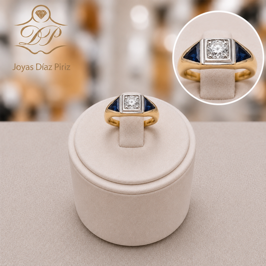 ANILLO ORO 10K CON ZAFIROS AZULES Y DIAMANTE
