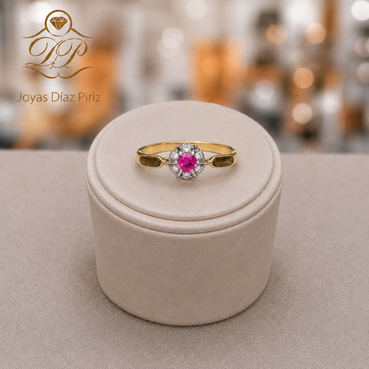 ANILLO ORO 18 FLOR ORO GRIS Y CIRCONIA FUCCIA