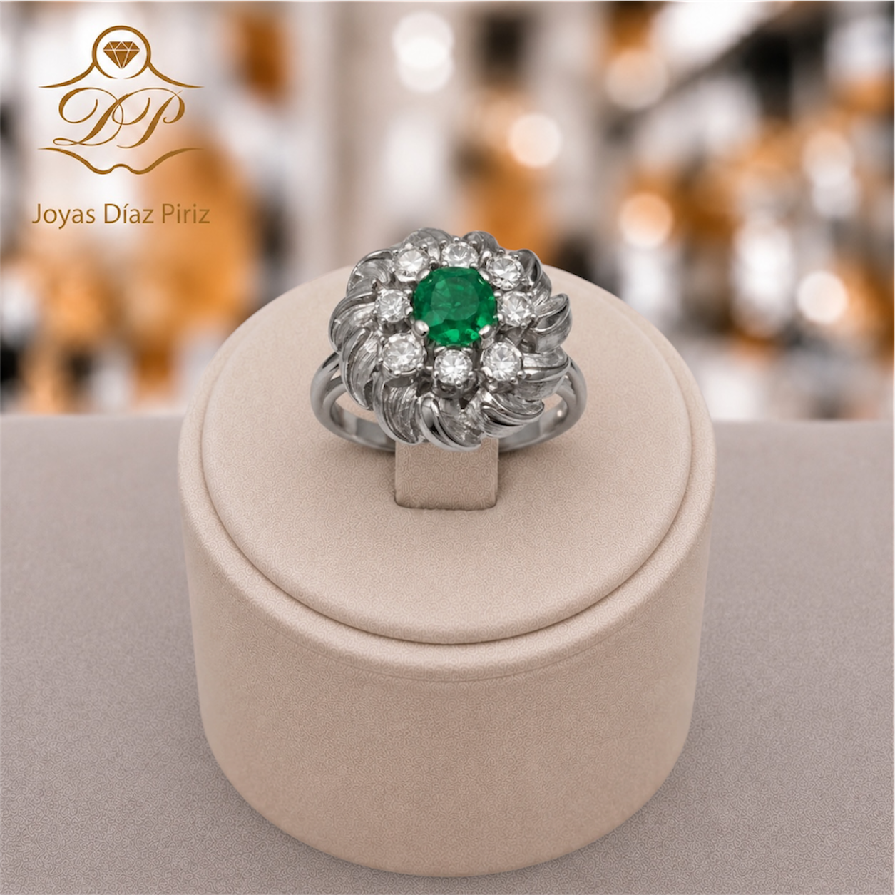 ANILLO ORO 18K GRIS CON BRILLANTES Y ESMERALDAS