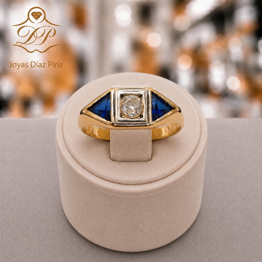 ANILLO ORO 10K CON ZAFIROS AZULES Y DIAMANTE