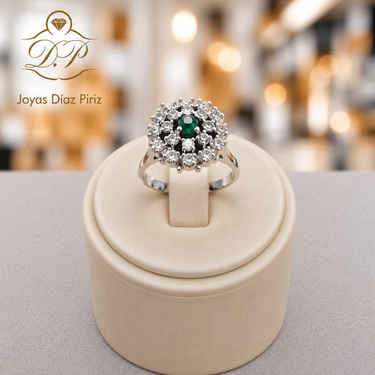 Anillo Oro 18k gris con Brillante y Esmeralda