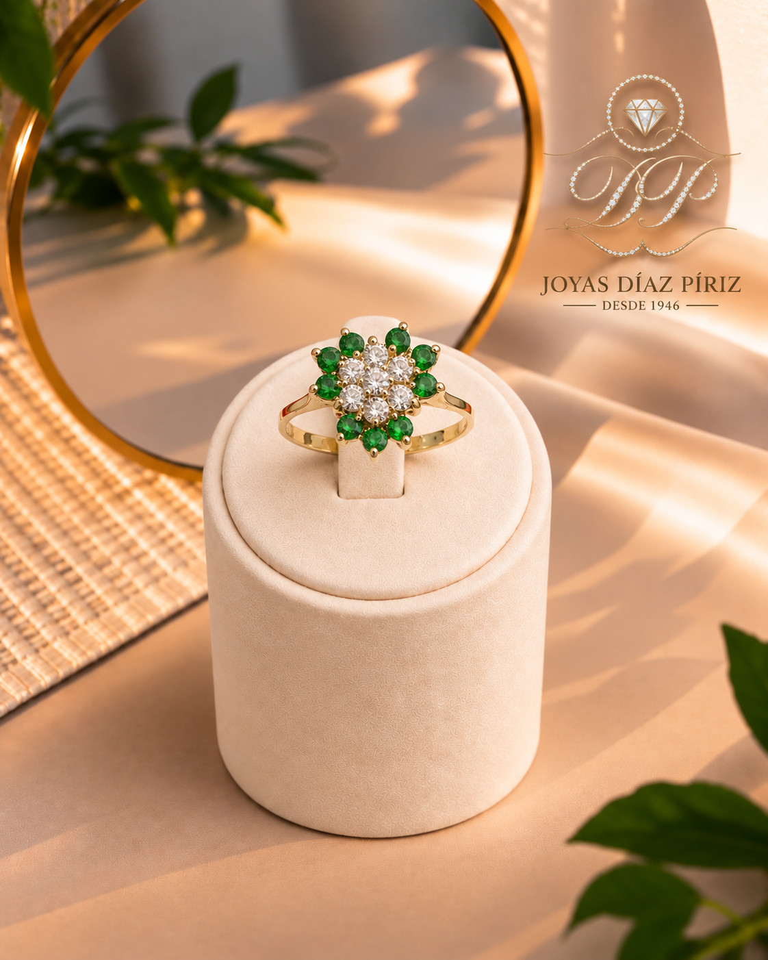 Anillo Oro 18k Flor de circonias verdes