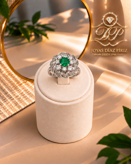 ANILLO ORO 18K GRIS CON BRILLANTES Y ESMERALDAS