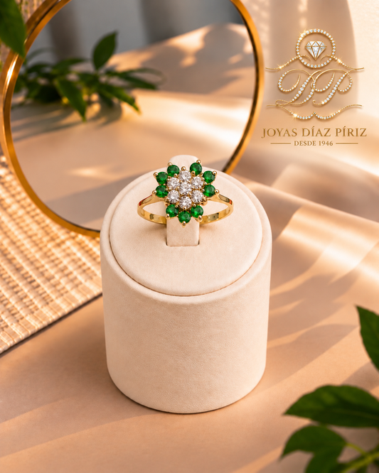 Anillo Oro 18k Flor de circonias verdes