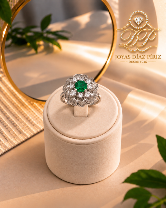 ANILLO ORO 18K GRIS CON BRILLANTES Y ESMERALDAS